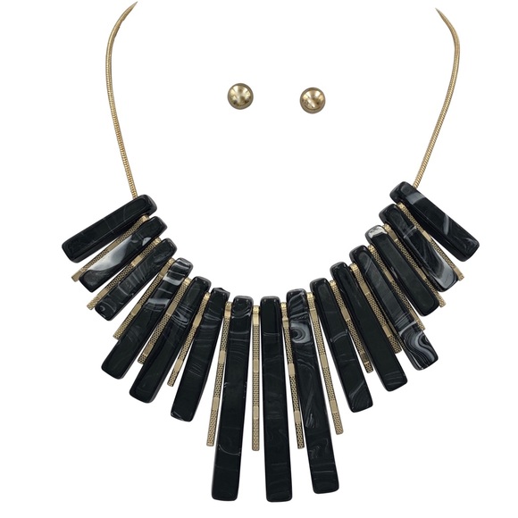 Large Black Bar Flared Necklace Earrings Set - Picture 1 of 3